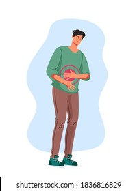 Man Character Holding Belly With Hand And Feeling Stomachache Concept. Vector Flat Graphic Design Illustration