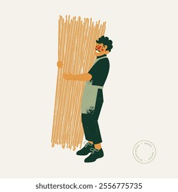 Man character holding a big bunch of spaghetti pasta. Italian pasta recipe. Retro style illustration