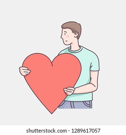 Man character holding big loving heart. Sending love message to beloved one. Hand drawn flat style linear illustrations. Isolated vector on white background. Valentine's day card design template.