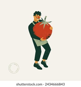 Hombre personaje sosteniendo un tomate grande. Receta de pasta italiana. Ilustración de estilo retro