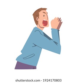 Man Character Holding Hand Near Mouth and Shouting or Screaming Loud to the Side Vector Illustration