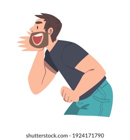 Man Character Holding Hand Near Mouth and Shouting or Screaming Loud to the Side Vector Illustration