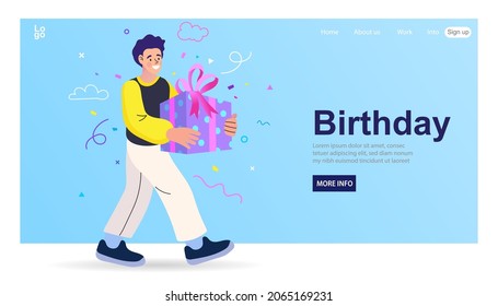 Man Character Holding Huge Gift Box Wrapped with Ribbon, Present for Pregnant Male Soon Baby Birthday Website Landing Page. Bonus or special offer. Flat Vector Illustration