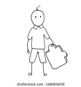 Man character holding a jigsaw puzzle in hand. Simple vector illustration in cartoon doodle style. Autism awareness day. Concept of team building, problems solution, children board games, depression
