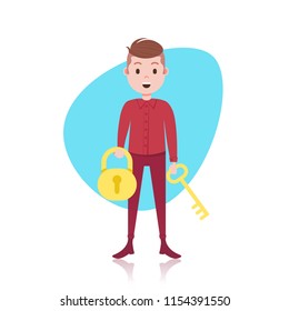 man character holding key lock template for design work or animation over white background full length flat vector illustration