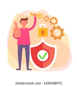 Man character holding key. Network security personal data protection concept. Vector flat cartoon design graphic isolated illustration
