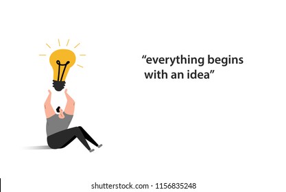 man character holding light bulb. the concept of a big idea. everything begins with an idea. presentation, title page