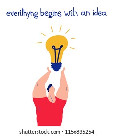 man character holding light bulb. the concept of a big idea. everything begins with an idea. presentation, title page