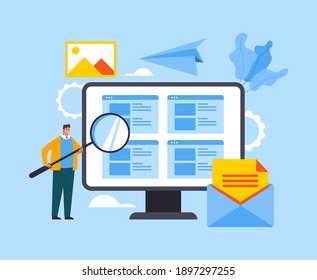 Man character holding magnifier and searching information by internet online website. Vector concept flat graphic simple illustration