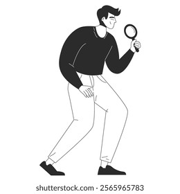 Man character holding magnifying glass. Concept of Information Research, FAQ, Query, Investigation, Man Looking Through Magnifier. Vector flat illustration for website or app in outline style