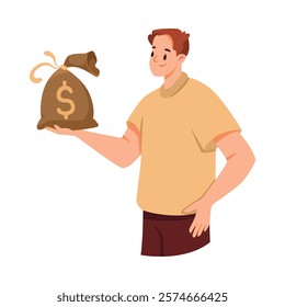 Man Character Holding Money Sack with Dollar Sign Vector Illustration