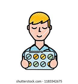 man character holding packaging pills prescription