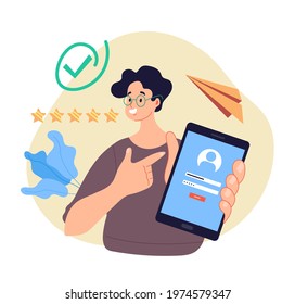 Man character holding phone with login and password field on screen concept. Modern style simple flat vector illustration