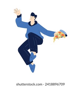 Man Character Holding Pizza Slice Eat Fast Food Vector Illustration
