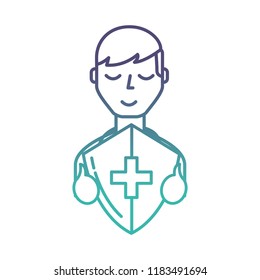 man character holding shield protection medical symbol