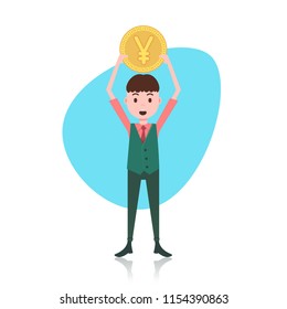 man character holding yuan coin exchange concept template for design work or animation over white background full length flat vector illustration