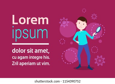 man character holding zoom magnifying glass template for design work or animation red background full length copy space horizontal flat vector illustration