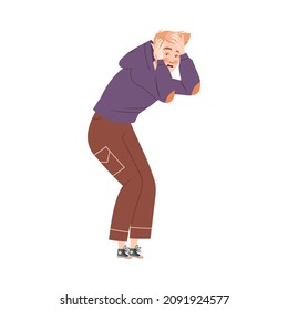 Man Character in Hoodie Covering His Head with Hand Afraid of Something Feeling Scared and Terrified Shaking with Fear Vector Illustration