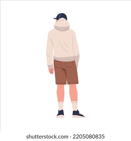 Man Character in Hoody and Cap Standing Back View Vector Illustration