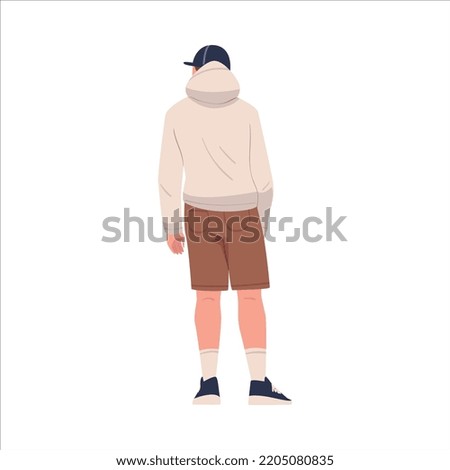 Man Character in Hoody and Cap Standing Back View Vector Illustration