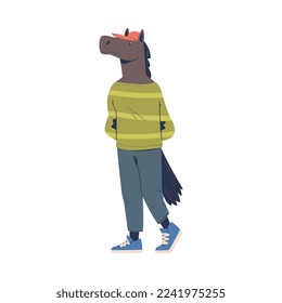 Man Character with Horse Animal Head Walking in Cap and Green Sweater Vector Illustration