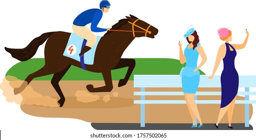 Man character horse ride, running tournament competition stallion racing isolated on white, cartoon vector illustration. Woman together watch equestrian sport, gambling type fleeing game.