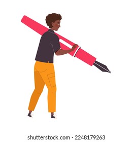 Man Character with Huge Fountain Pen Working with Text Vector Illustration
