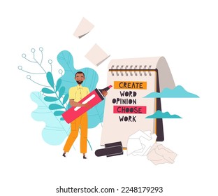 Man Character with Huge Highlighter Near Notepad Working with Text Vector Illustration