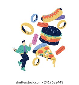 Man Character with Huge Pizza, Hot Dog and Hamburger Eat Fast Food Vector Illustration