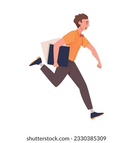 Man Character Hurrying Running Fast with Documents in Folder Feeling Panic of Being Late Vector Illustration