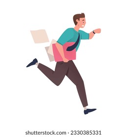 Man Character Hurrying Running Fast with Document Looking at Watch Feeling Panic of Being Late Vector Illustration