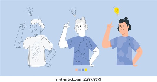 Man Character with idea creation timeline process sketch. Man Idea creation process vector icon illustration. Creativity development banner with man and light bulb symbol. vector illustration