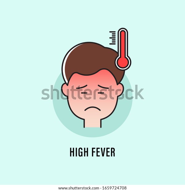 インフルエンザ 高温 高熱の悲しい顔と赤い顔をした男性のキャラクターイラスト 温度計のアイコン ベクターイラスト のベクター画像素材 ロイヤリティフリー