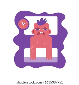 Man character with insomnia or nightmare lying in bed. Vector illustration. Flat design element for leaflet, poster, banner.