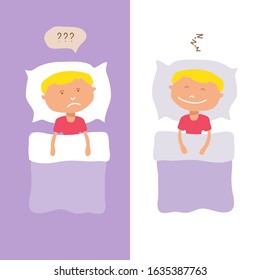 Man character with insomnia or nightmare lying in bed. Vector illustration. Flat design element for leaflet, poster, banner.