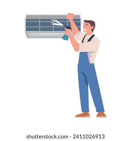 Man Character Install Air Conditioner on the Wall Vector Illustration