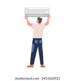 Man Character Install Air Conditioner on the Wall Vector Illustration