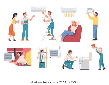 Man Character Install Ventilation and Air Conditioner Vector Set