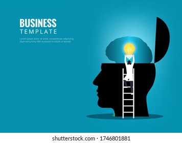 Man character is installing bulb on human brain. Creative idea vector illustration