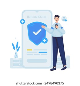 A man character with insurance mobile app vector illustration