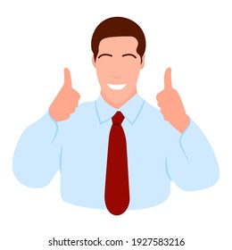 Man character isolated on white flat colorful avatar gesture hand sign cool finger up like icon smiling cheerful face