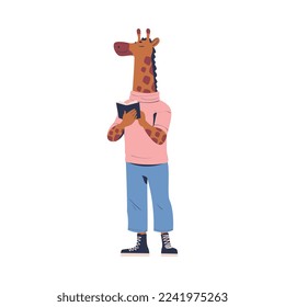 Man Character with Jiraffe Animal Head Standing and Reading Book Vector Illustration