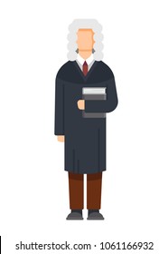Man character is judge in the court building, with a book in his hands, civil and criminal cases, a public court, compliance with the law, justice, sentencing, tribunal. Vector illustration isolated.