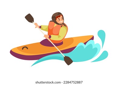 Carácter masculino kayak con onda turquesa hacer agua actividad deportiva vectorial Ilustración