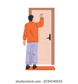 Personaje de hombre llamando a la puerta como Ilustración vectorial de entrada al hogar