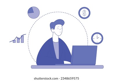 Man Character at Laptop Analyzing Financial Profit Growth and Evaluating Revenue and Expense Vector Illustration