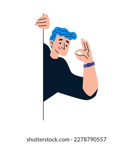 Man Character Looking Out and Peeking from Corner or Wall Showing Ok Gesture Vector Illustration