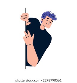 Carácter masculino mirando hacia afuera y buscando desde la ilustración de vectores de esquina o pared