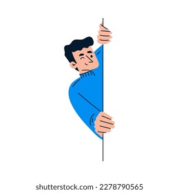 Man Character Looking Out and Peeking from Corner or Wall Vector Illustration