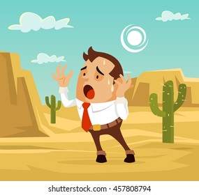 Man character lost in desert. Need help. Vector flat cartoon illustration